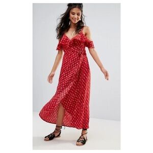 Band of Gypsies Wrap Red Maxi Dress Polka Dot Cold Shoulder